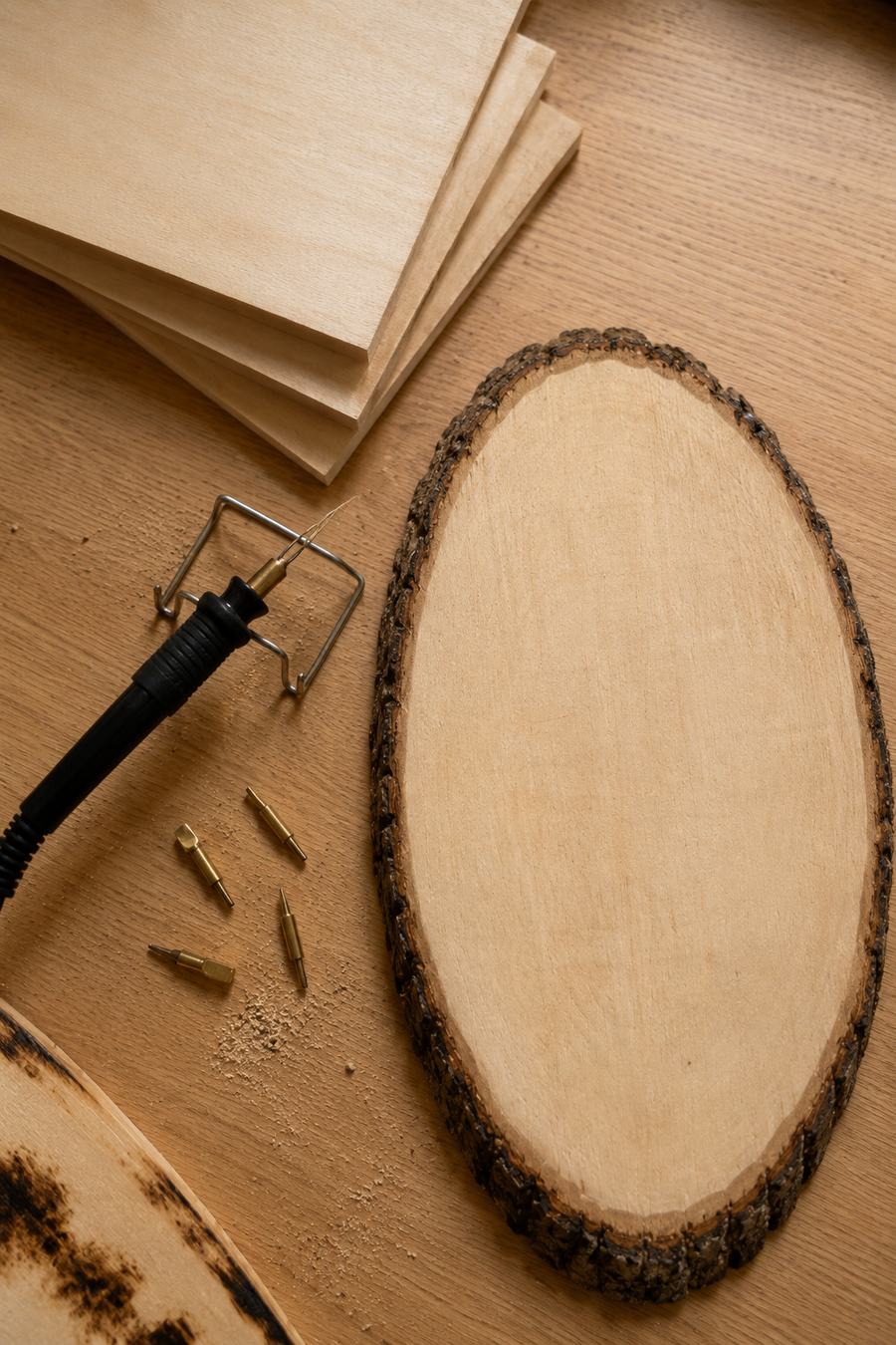 Flat-lay of a wire-nib burner, brass tips, plain basswood boards and a live-edge slab