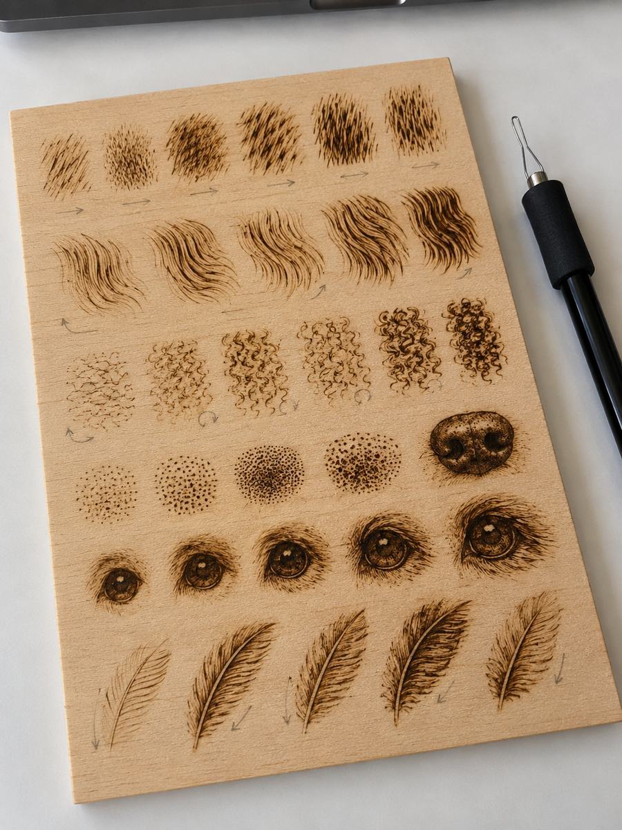 A basswood board filled with rows of burned fur, nose, eye and feather swatches with pencil direction arrows