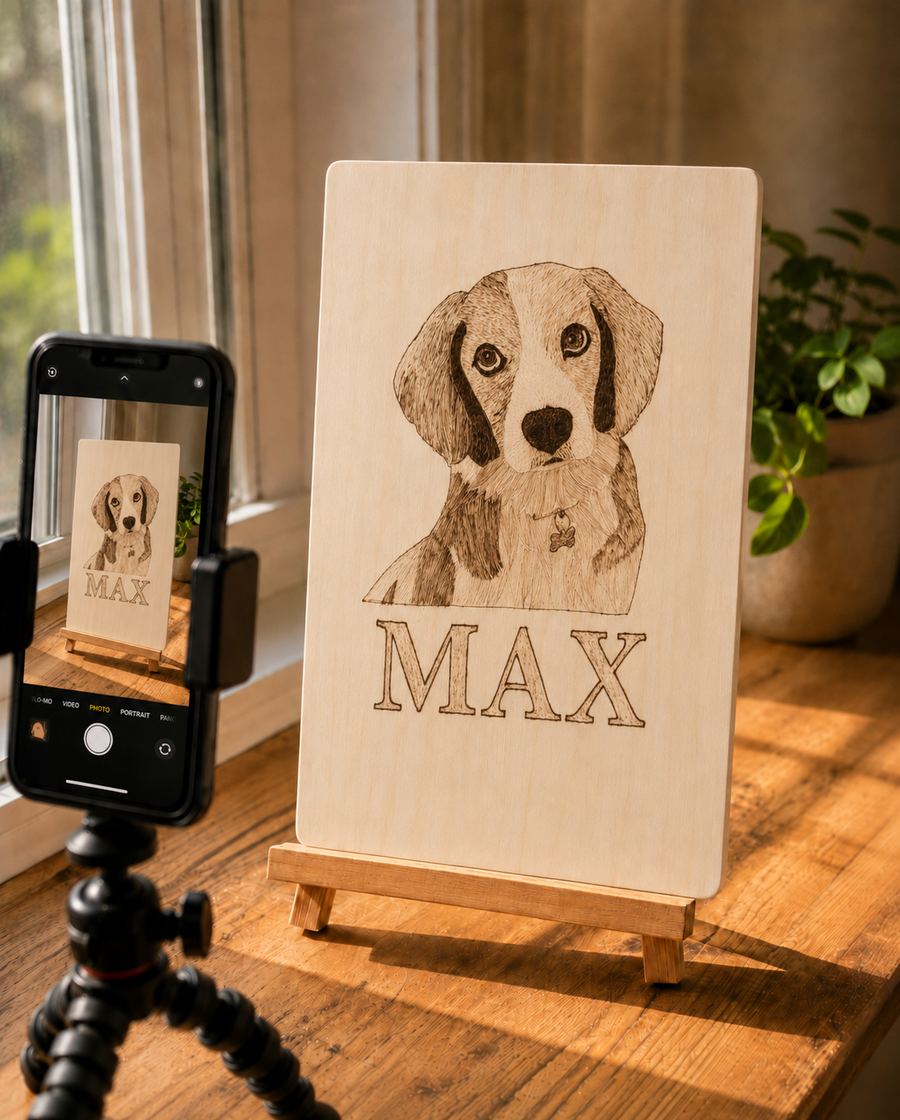 The finished MAX portrait on a small easel by a bright window, with a phone on a tripod set up to photograph it