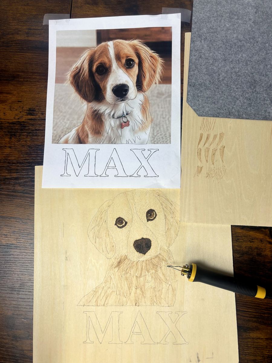 A fur sampler board beside the portrait, its coat rich with layered, directional fur